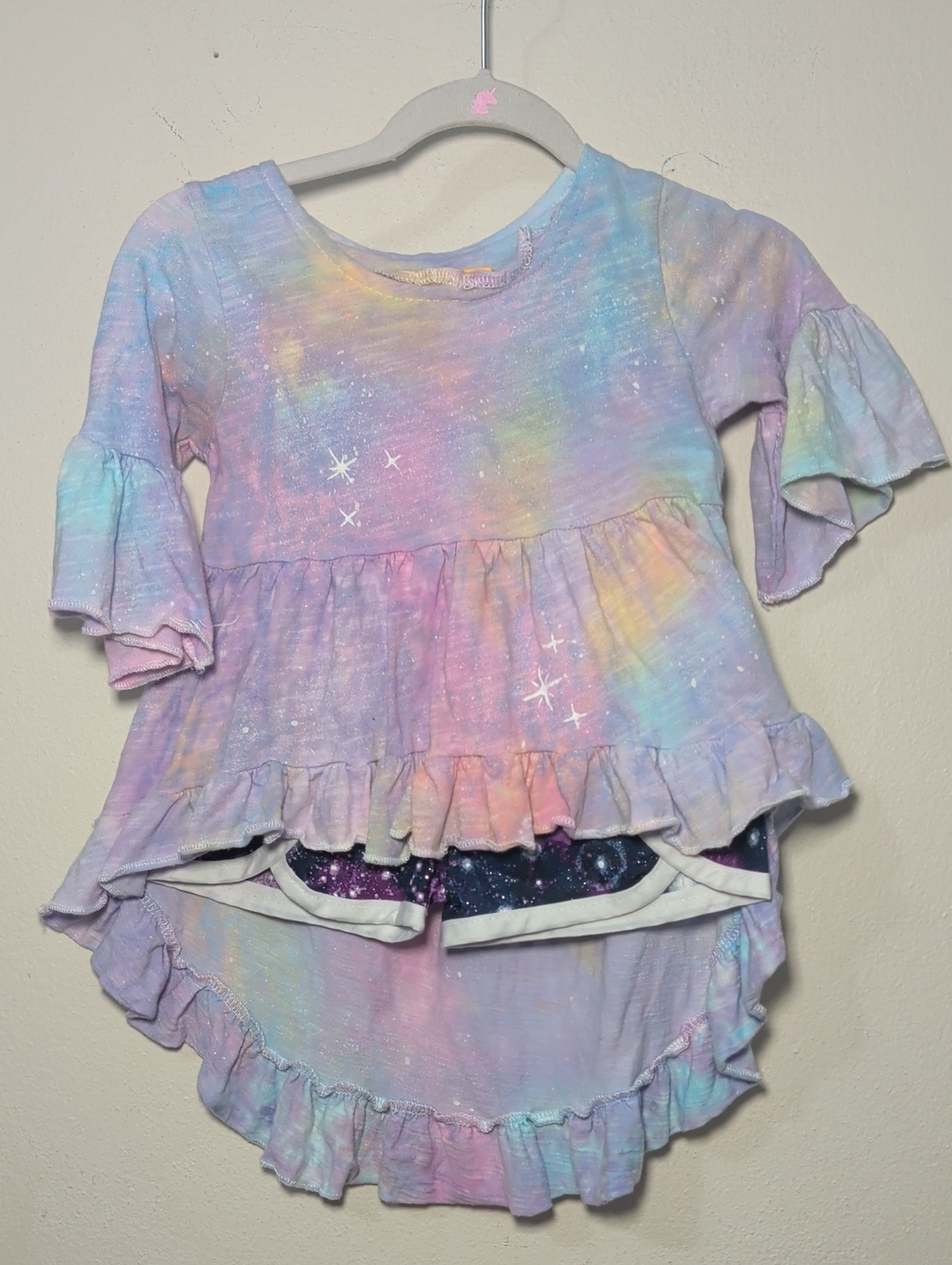 Girls Short Set Tie-Dye High-Low Tunic Galaxy Print Shorts Pink Blue Size 2T